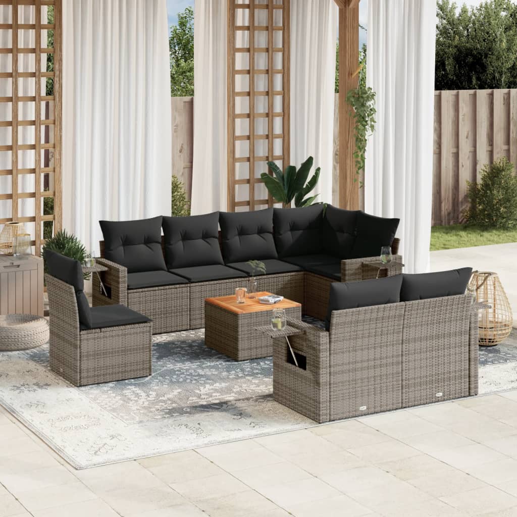 9 Pcs conjunto sofás p/ jardim com almofadões vime PE cinzento