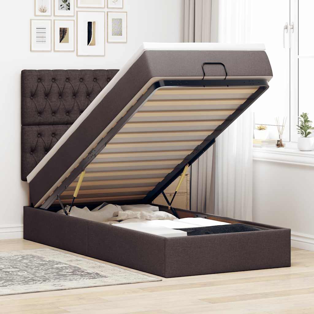 Cama otomana com colchão & leds 90x200cm tecido castanho escuro