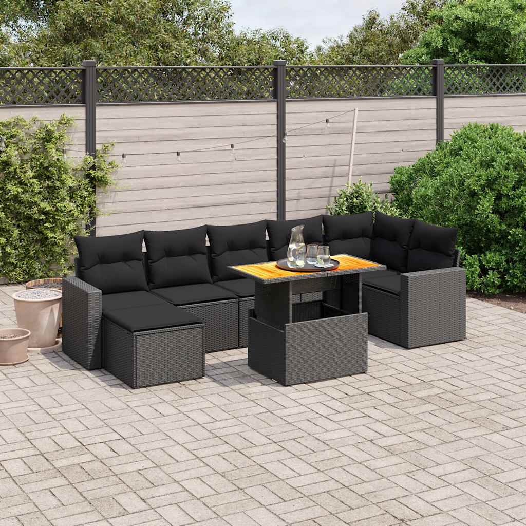 8 Pcs conjunto sofás de jardim com almofadões vime PE preto