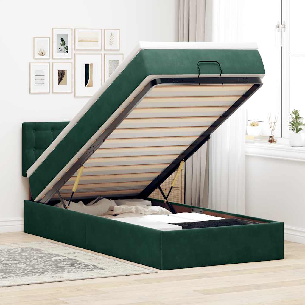 Cama otomana com colchão & leds 80x200cm veludo verde-escuro