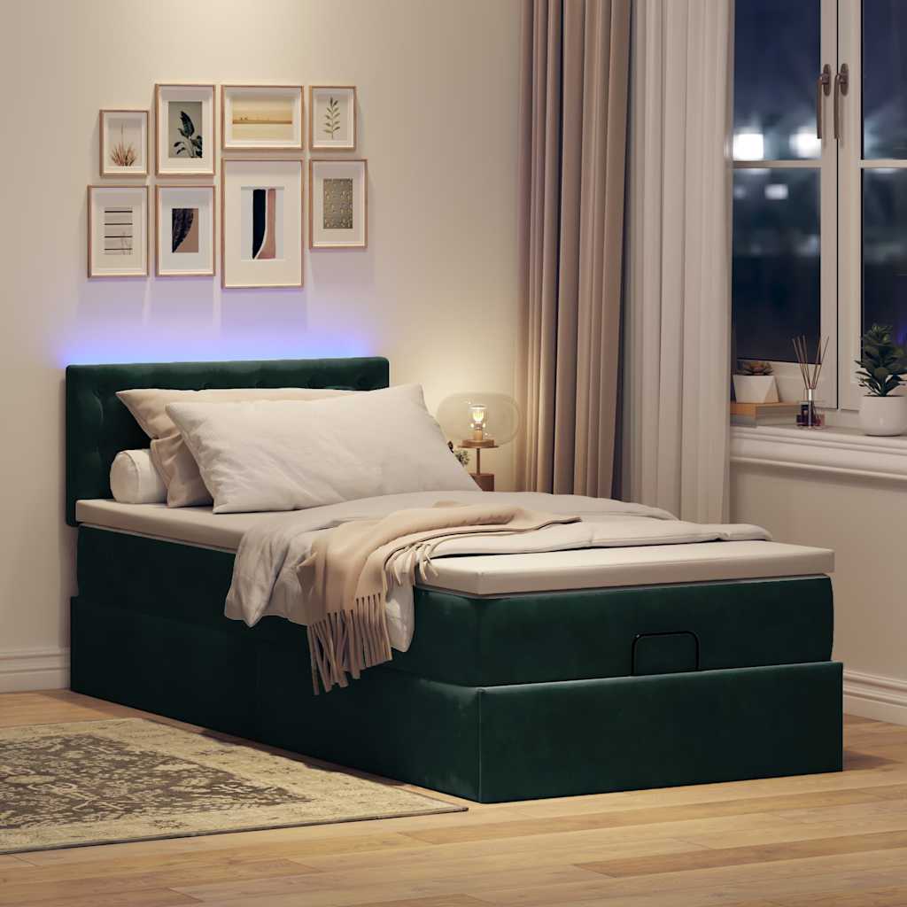 Cama otomana com colchão & leds 80x200cm veludo verde-escuro
