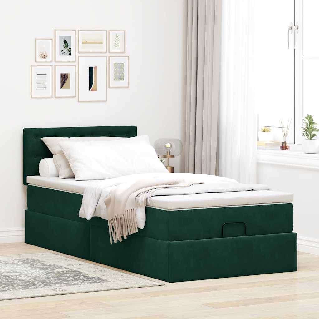 Cama otomana com colchão & leds 80x200cm veludo verde-escuro