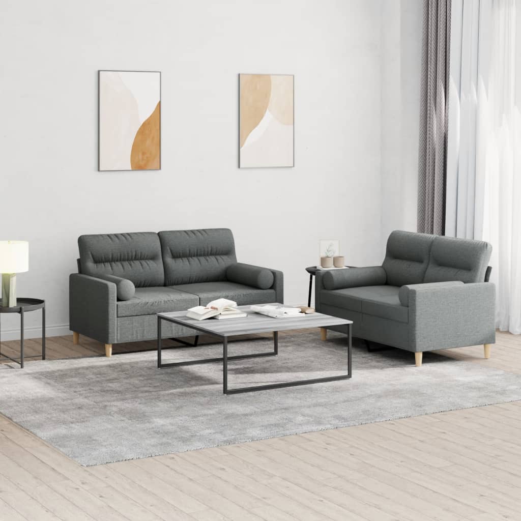 2 Pcs conjunto de sofás com almofadas tecido cinzento-escuro