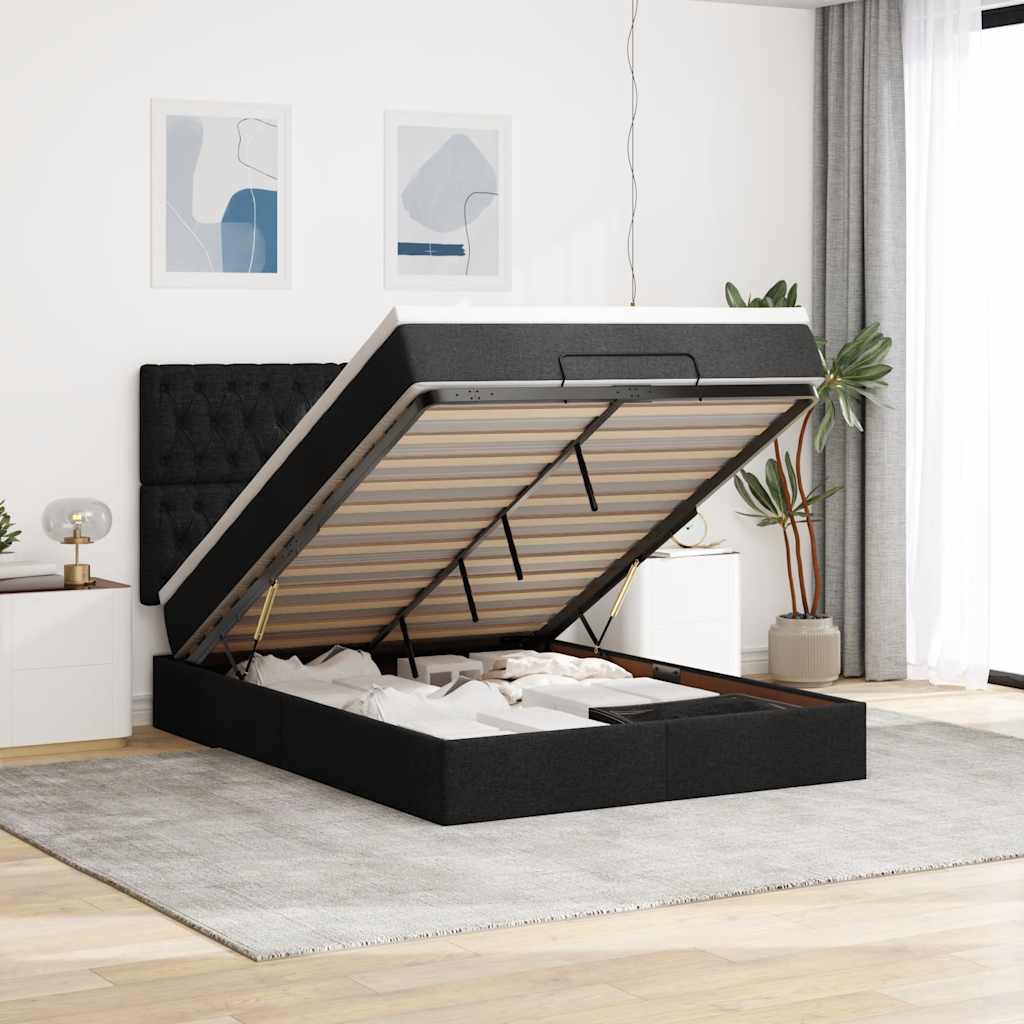 Estrutura de cama otomana com colchão 140x190 cm tecido preto