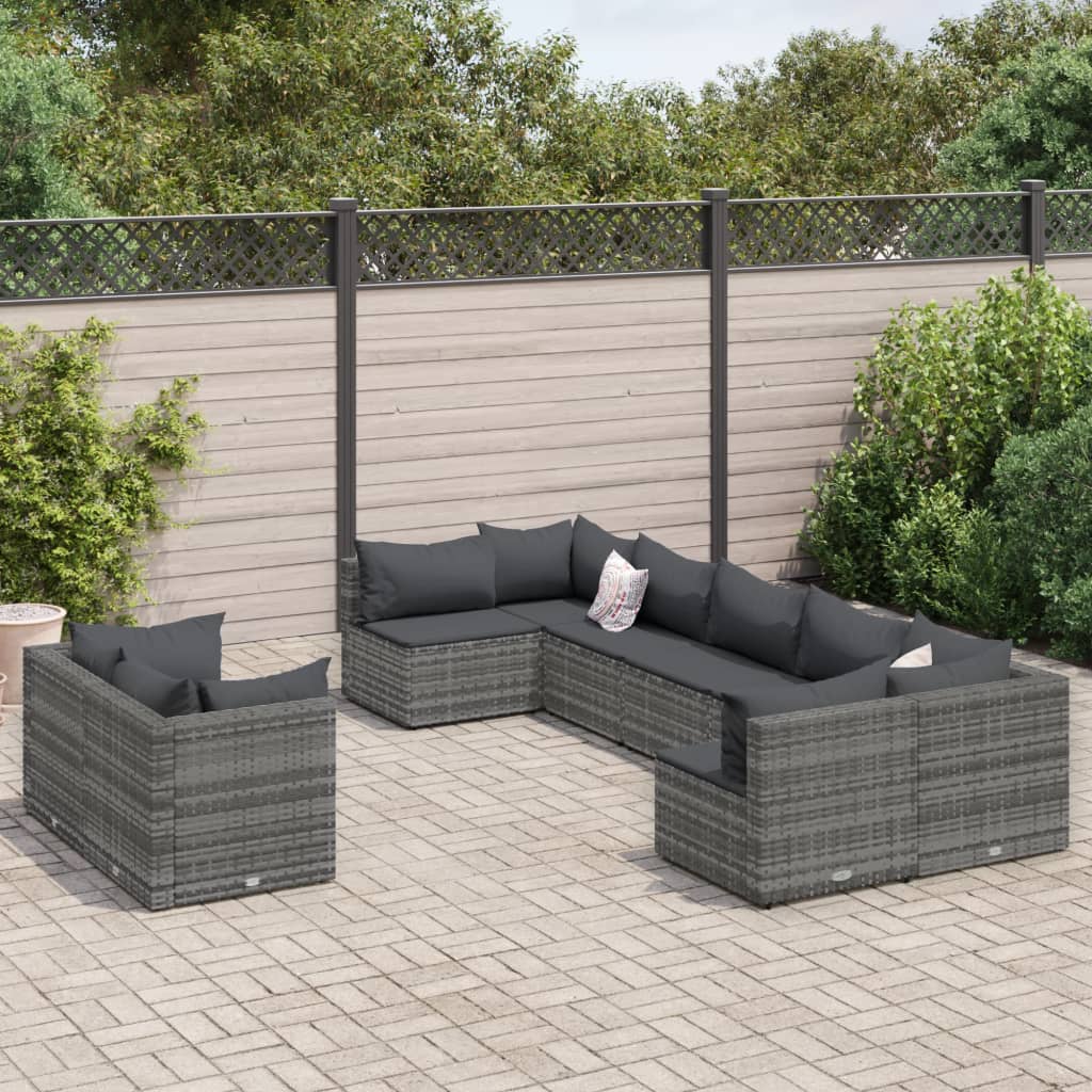 9 Pcs conjunto sofás p/ jardim com almofadões vime PE cinzento