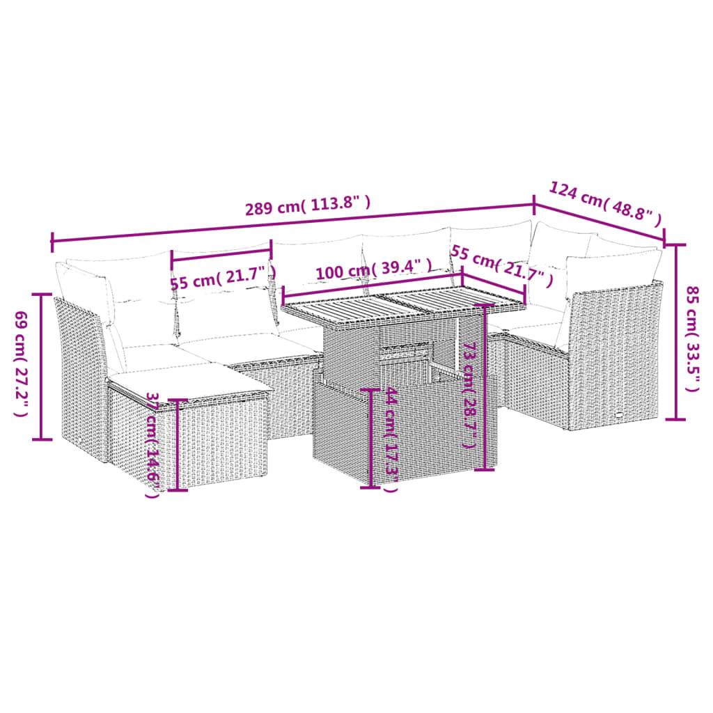 8 Pcs conjunto sofás de jardim com almofadões vime PE preto