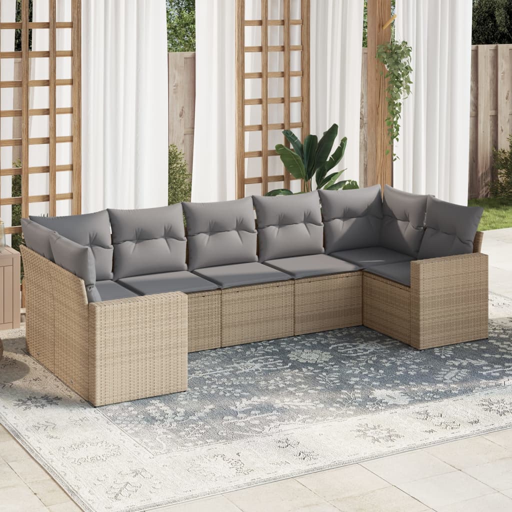 7 Pcs conjunto de sofás p/ jardim com almofadões vime PE bege