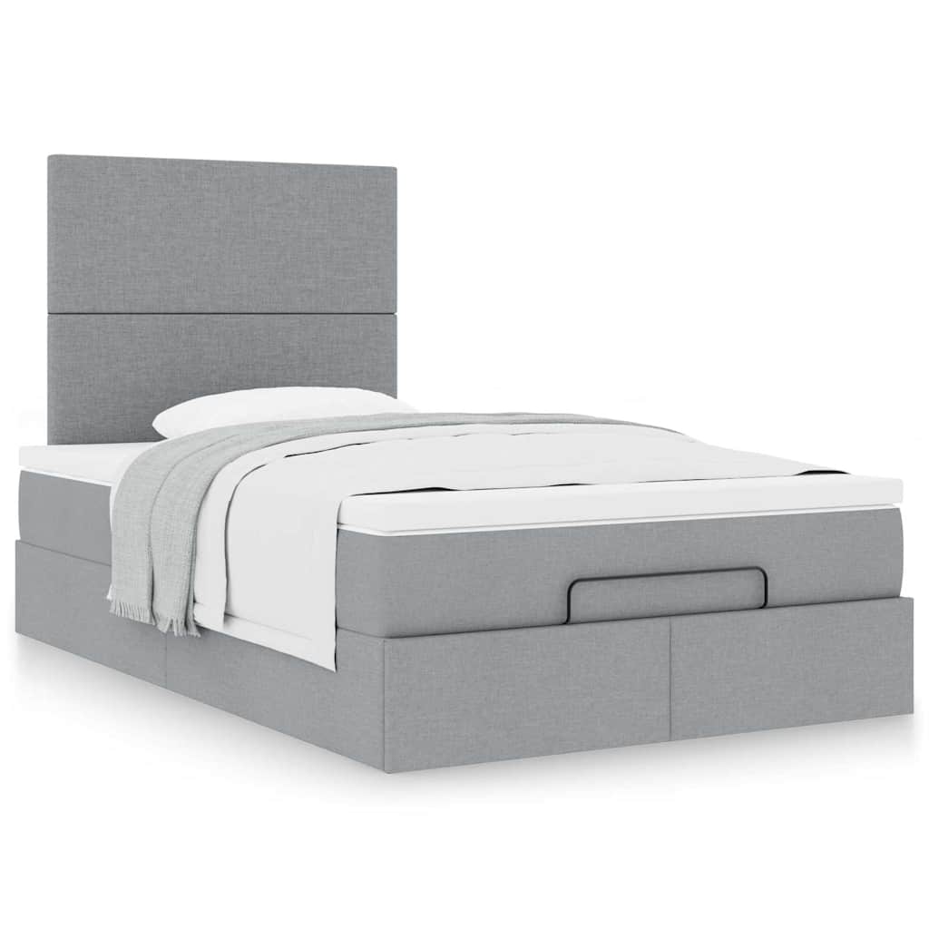 Estrutura de cama otomana com colchão cinza claro tecido