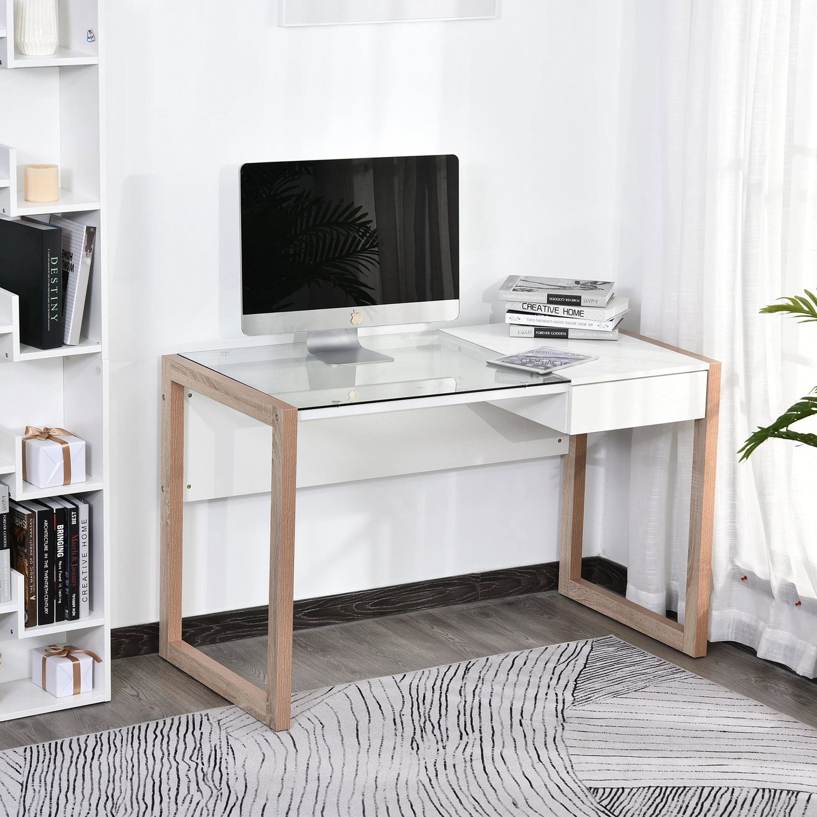 Mesa de computador com tampo de vidro temperado e gaveta 120x60x75 cm branco