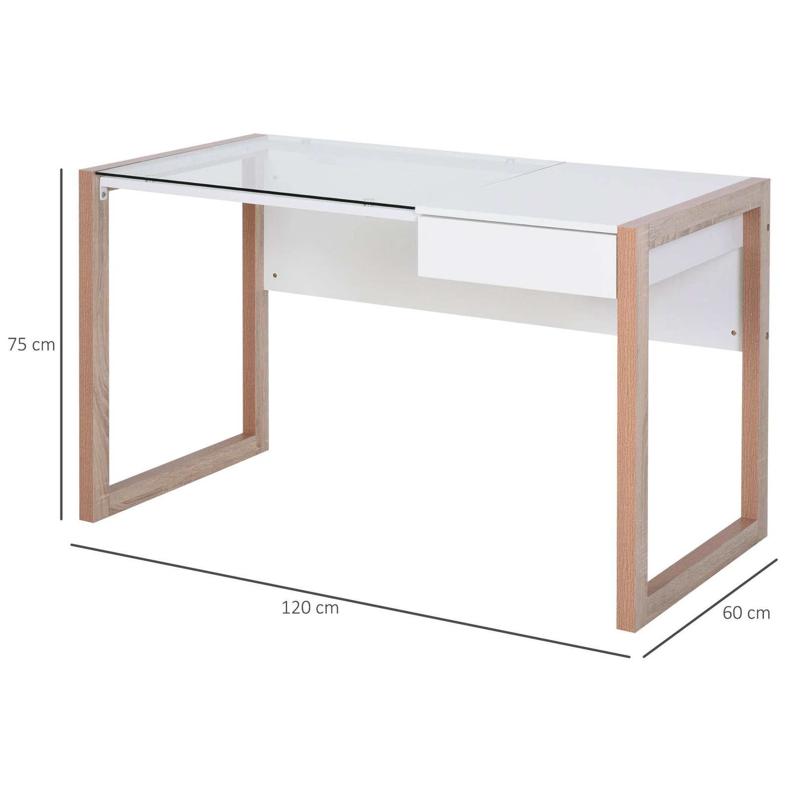 Mesa de computador com tampo de vidro temperado e gaveta 120x60x75 cm branco