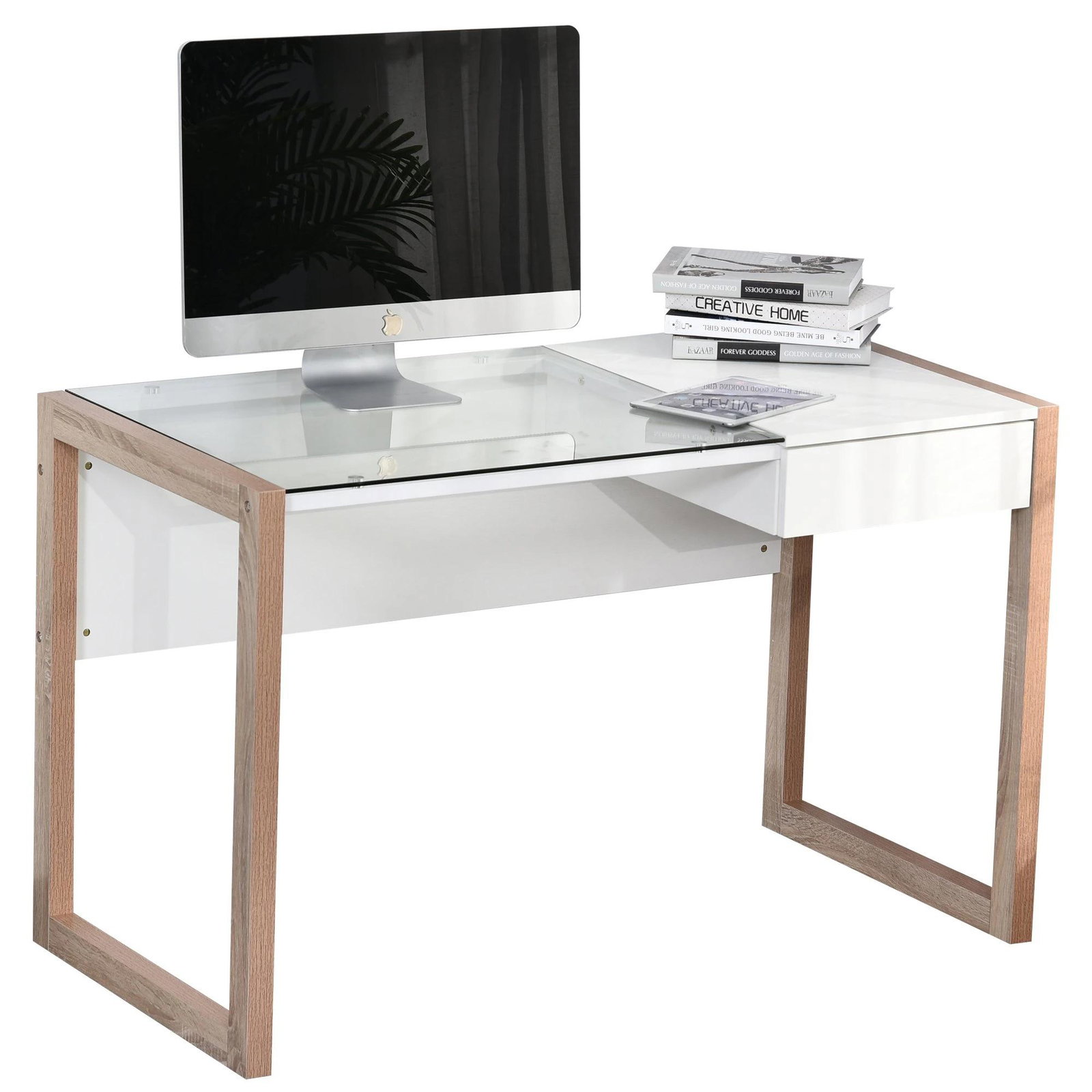 Mesa de computador com tampo de vidro temperado e gaveta 120x60x75 cm branco