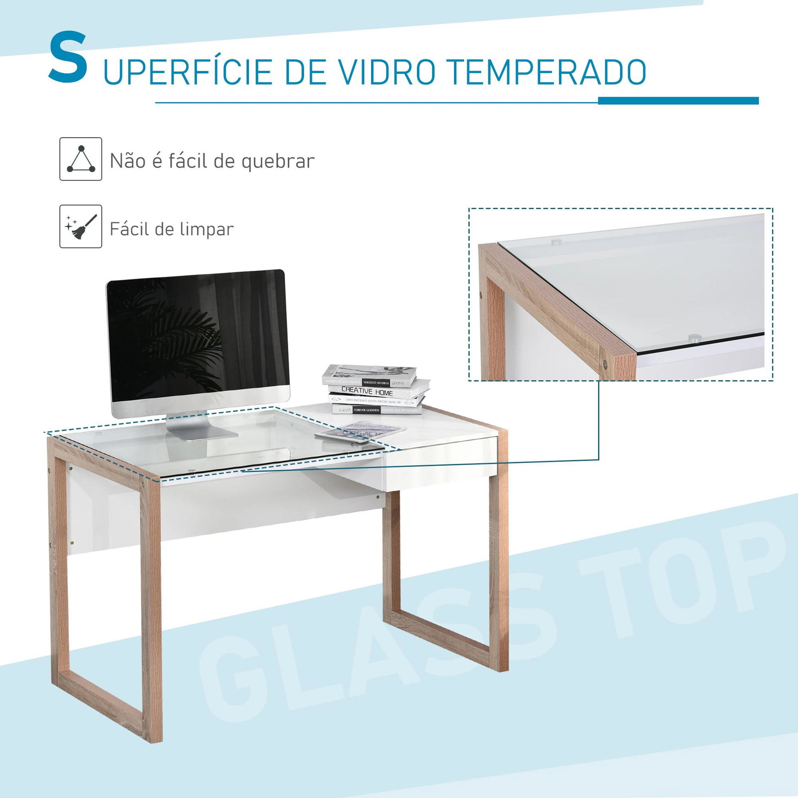 Mesa de computador com tampo de vidro temperado e gaveta 120x60x75 cm branco