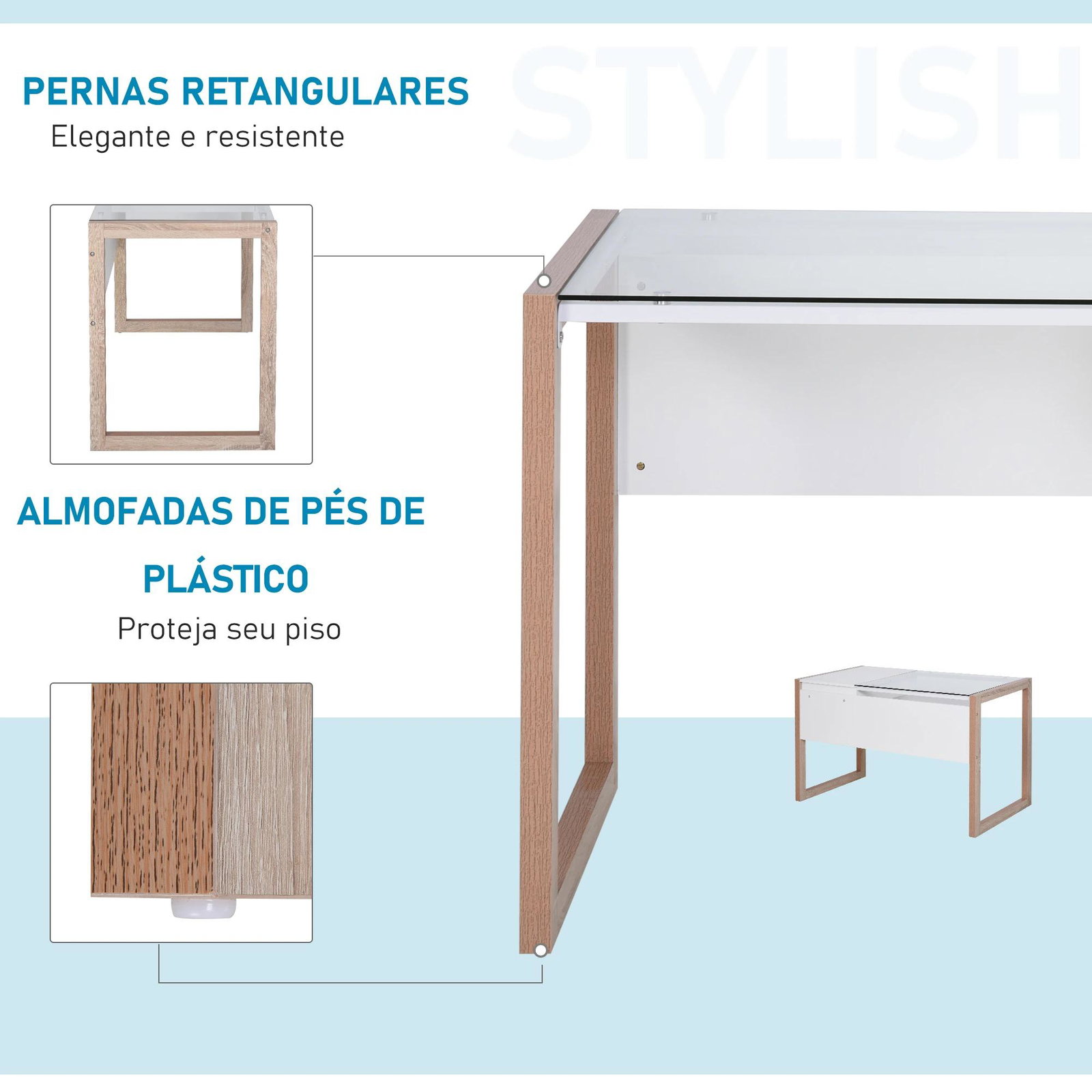 Mesa de computador com tampo de vidro temperado e gaveta 120x60x75 cm branco