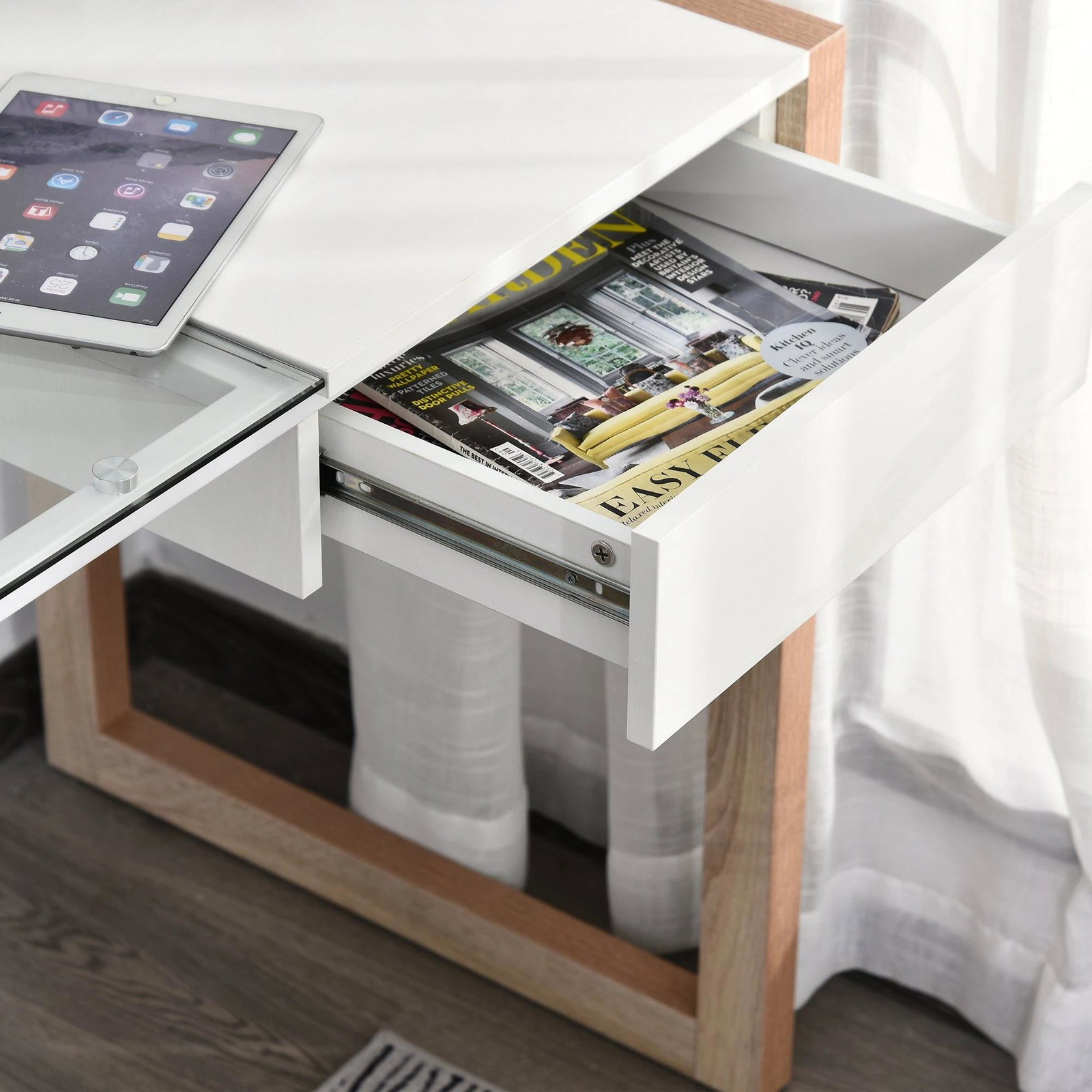 Mesa de computador com tampo de vidro temperado e gaveta 120x60x75 cm branco