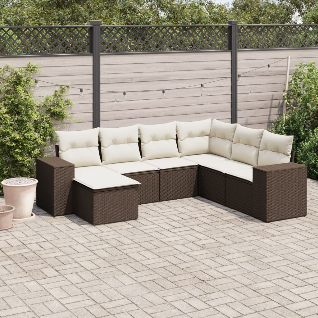 7 Pcs conjunto de sofás jardim c/ almofadões vime PE castanho