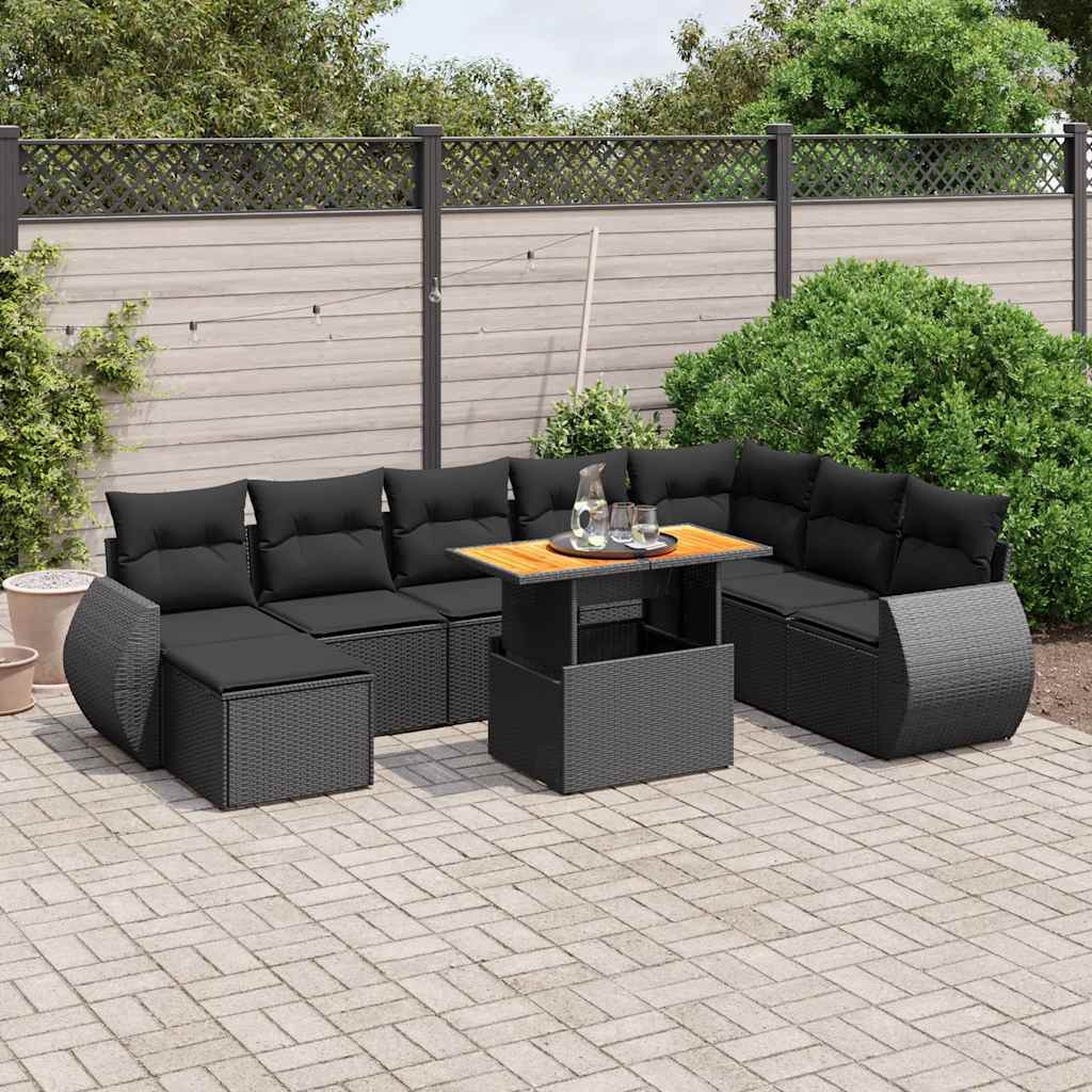 9 Pcs conjunto de sofás p/ jardim c/ almofadões vime PE preto