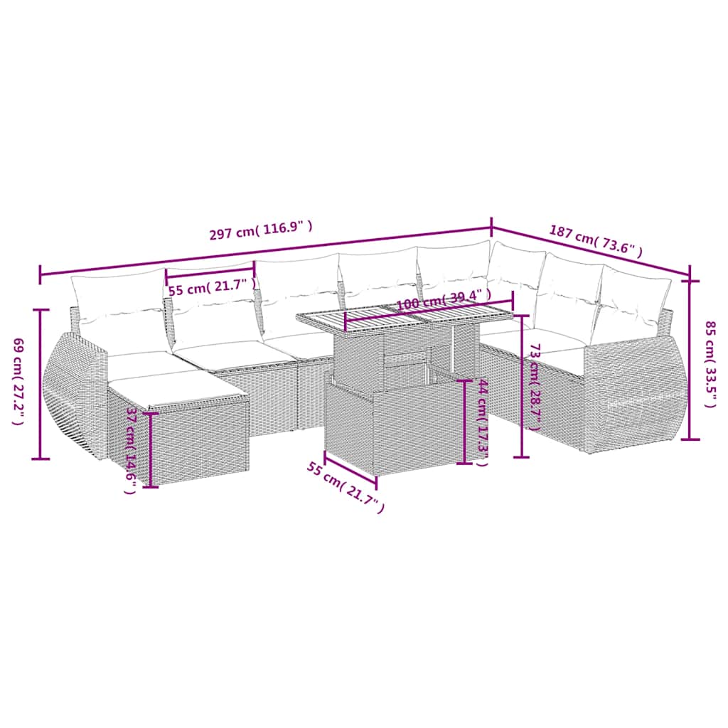 9 Pcs conjunto de sofás p/ jardim c/ almofadões vime PE preto