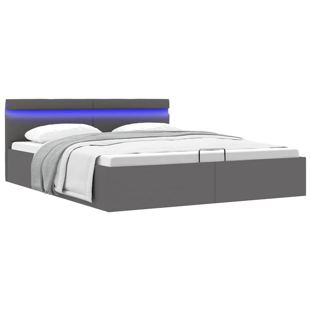 Cama hidráulica c/ arrumação LED 160x200cm couro artific. cinza
