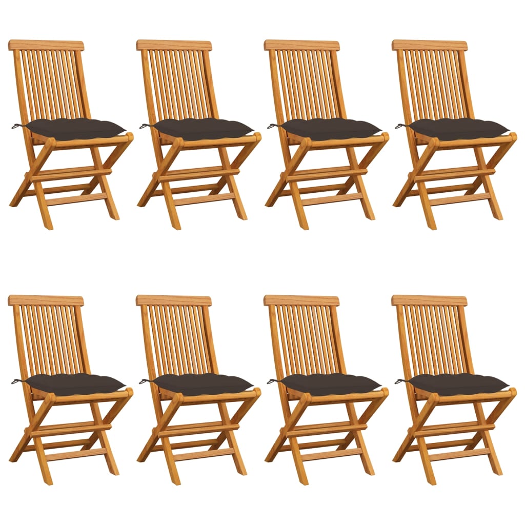 Cadeiras de jardim c/ almofadões cinza-acast. 8 pcs teca maciça