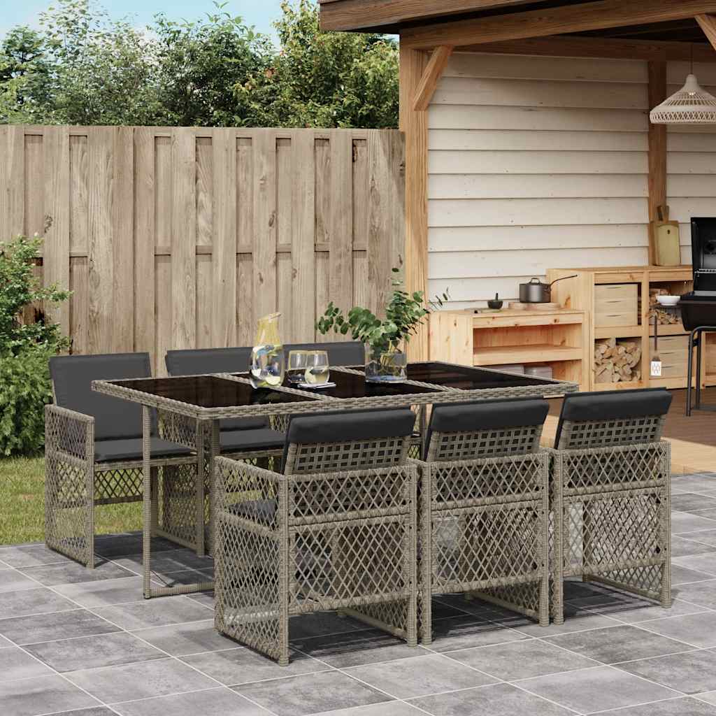 7 Pcs conjunto de jantar p/ jardim c/ almofadões vime PE cinza