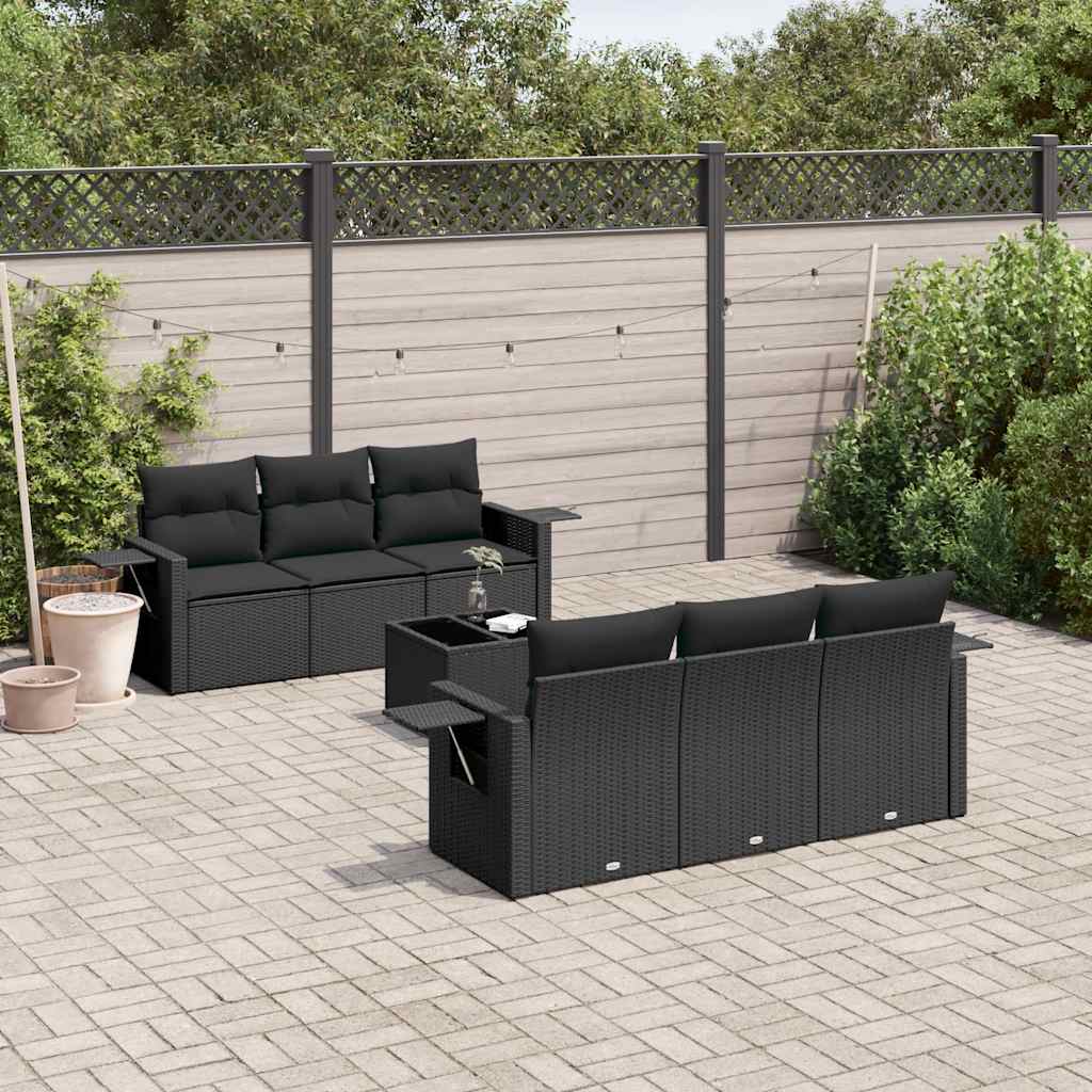 7 Pcs conjunto de sofás p/ jardim c/ almofadões vime PE preto