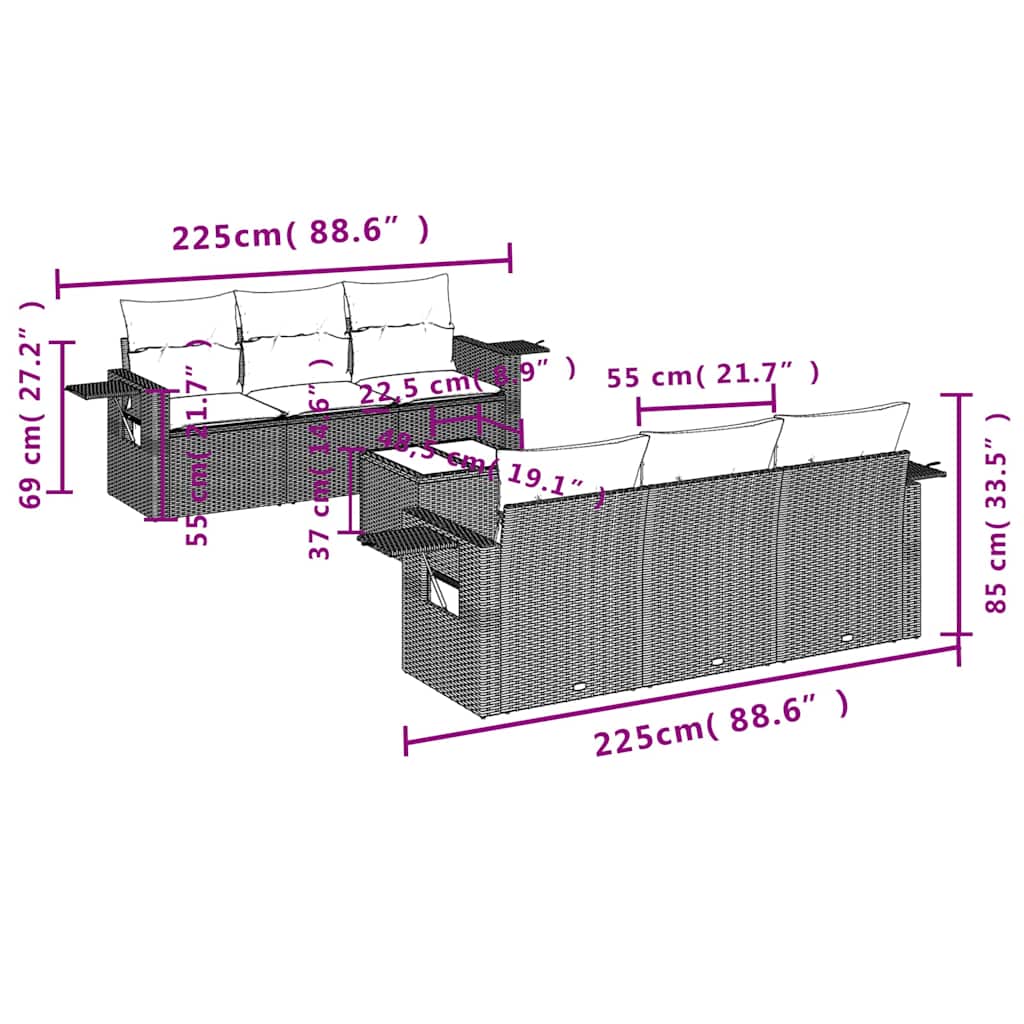 7 Pcs conjunto de sofás p/ jardim c/ almofadões vime PE preto