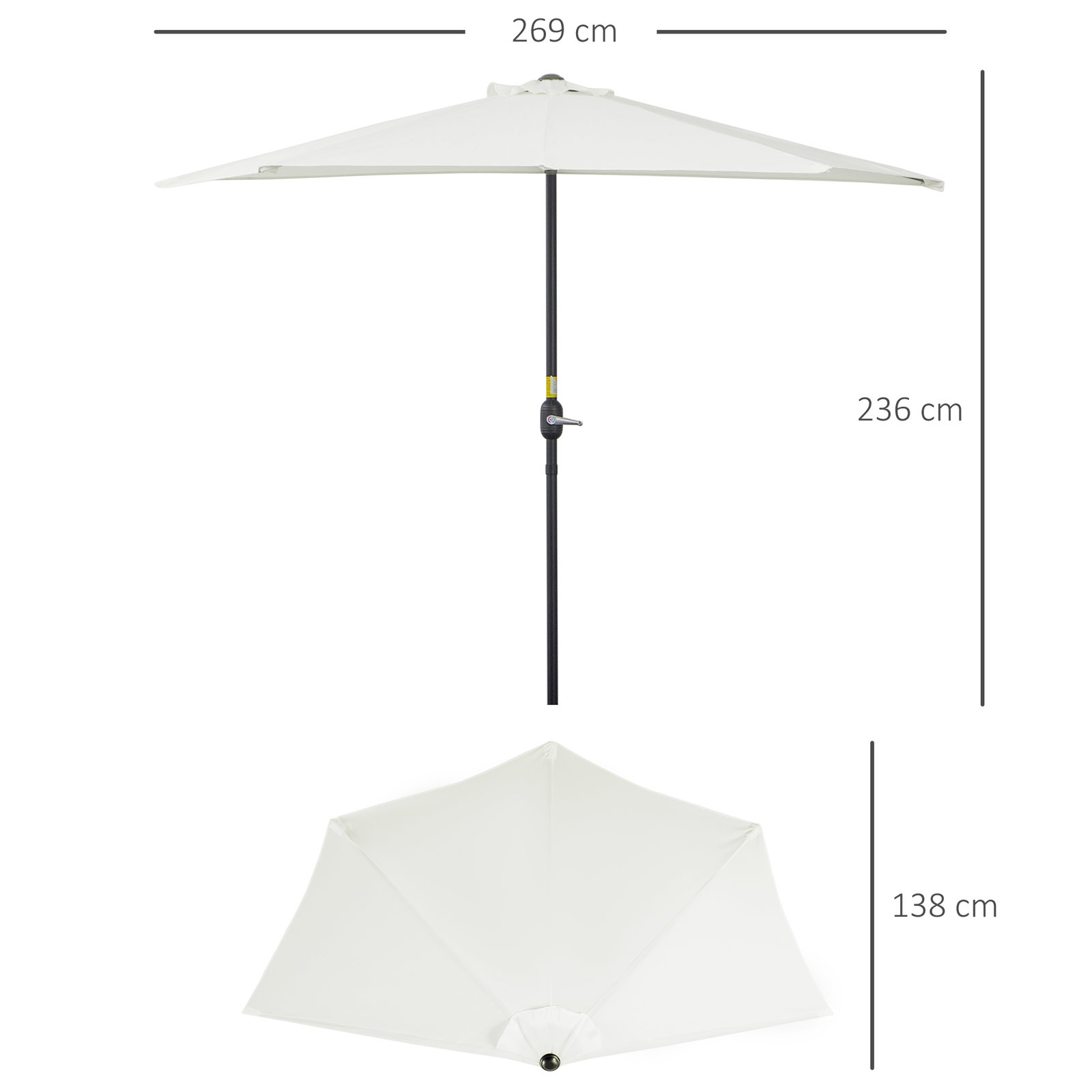 Chapéu de sol semicircular 269x138x236cm chapéu de sol à manivela para jardim terraço pátio piscina creme