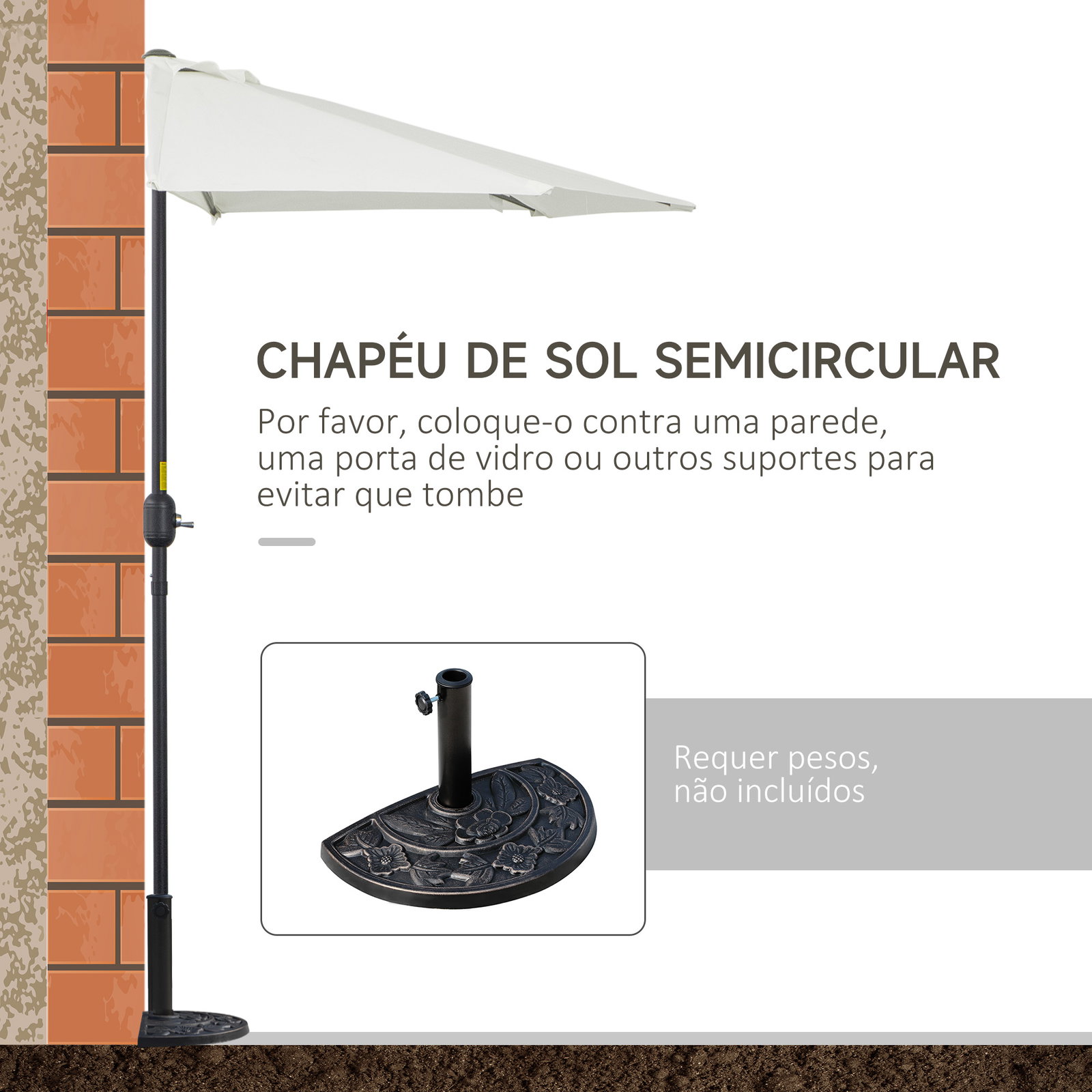 Chapéu de sol semicircular 269x138x236cm chapéu de sol à manivela para jardim terraço pátio piscina creme