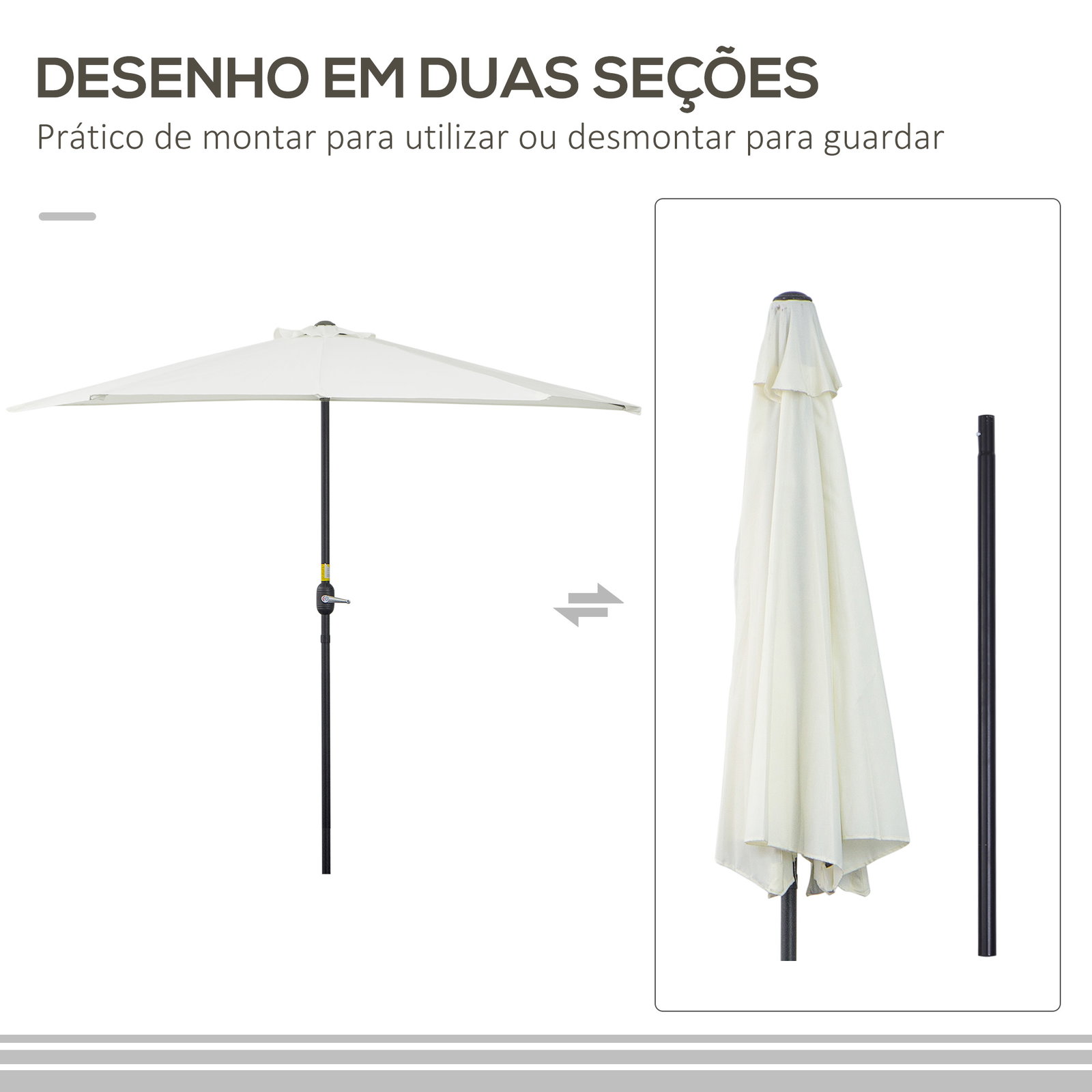 Chapéu de sol semicircular 269x138x236cm chapéu de sol à manivela para jardim terraço pátio piscina creme