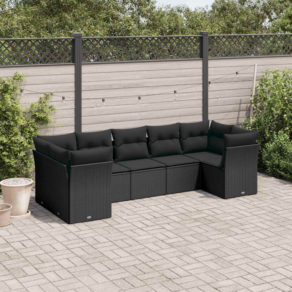 7 Pcs conjunto de sofás p/ jardim c/ almofadões vime PE preto