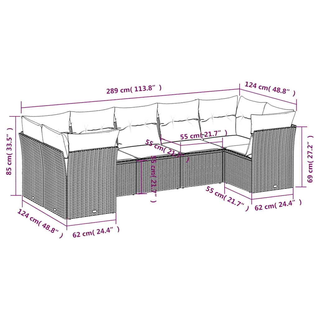 7 Pcs conjunto de sofás p/ jardim c/ almofadões vime PE preto