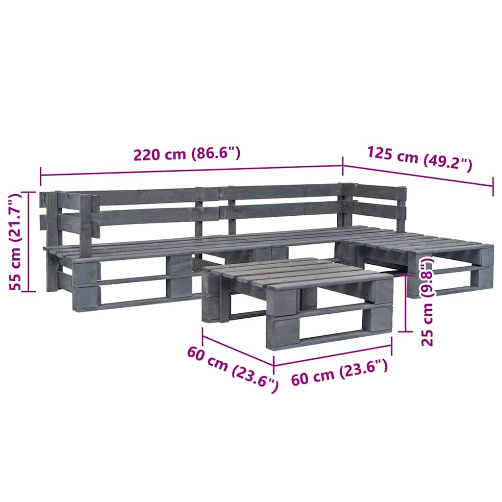 4 Pcs conjunto lounge de jardim paletes madeira cinzento