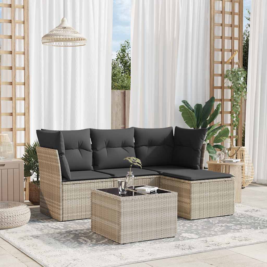 5 Pcs conj. sofás jardim c/ almofadões vime PE cinzento-claro