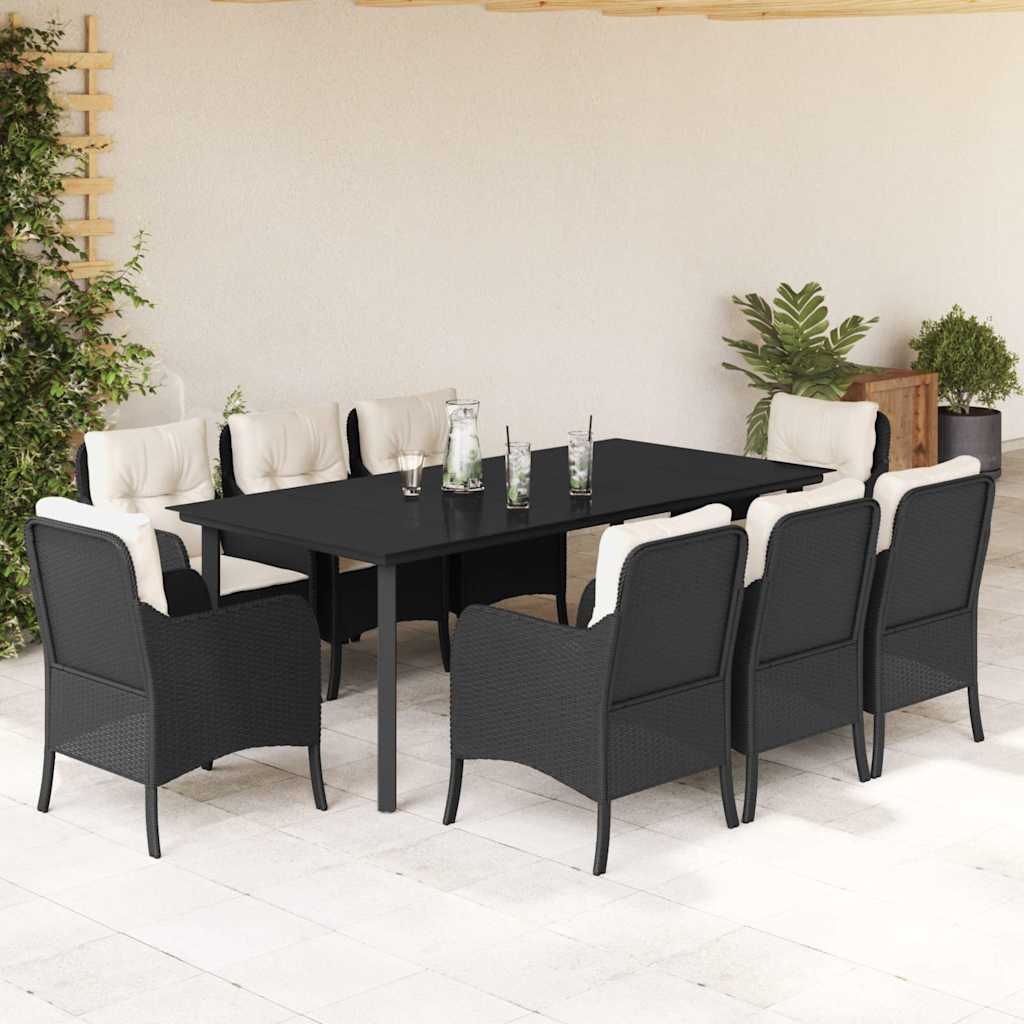 9 Pcs conjunto de jantar p/ jardim c/ almofadões vime PE preto
