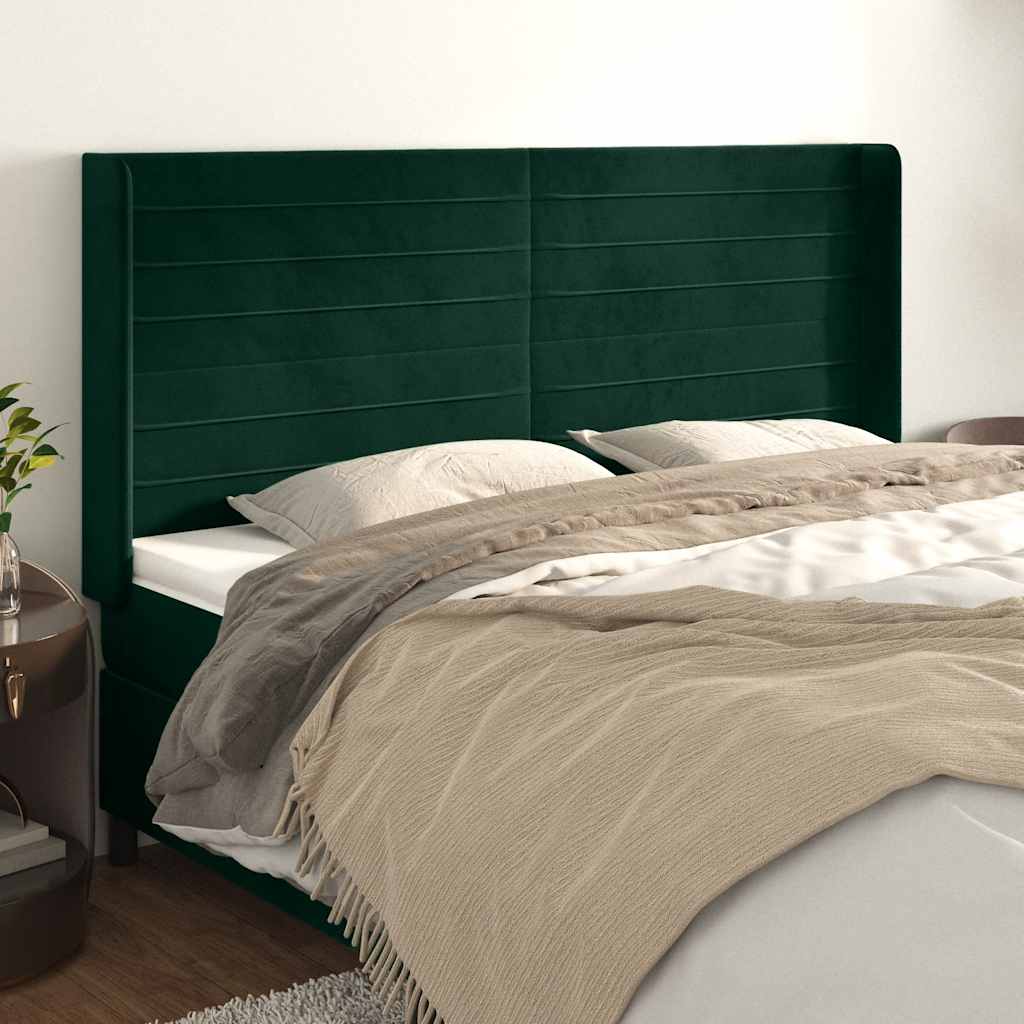 Cabeceira cama c/ abas veludo 203x16x118/128 cm verde-escuro