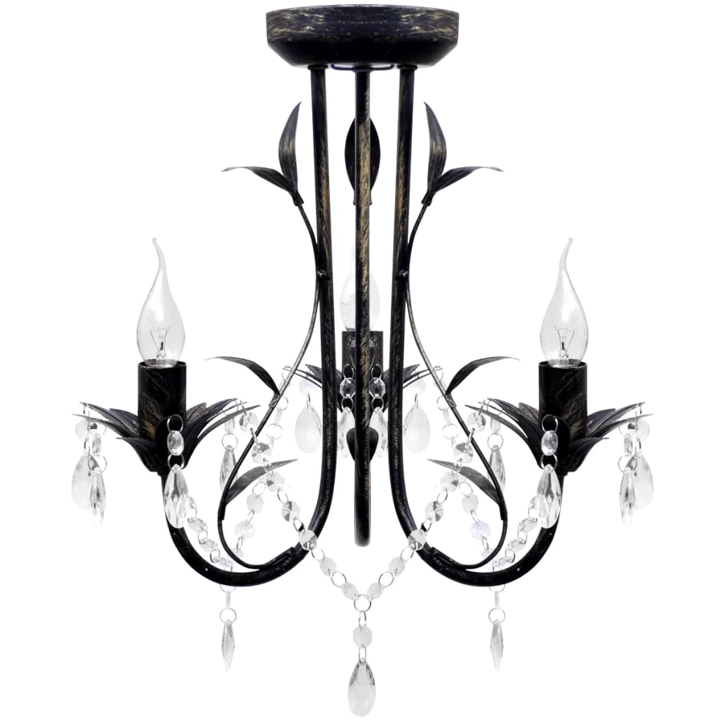Candelabro metal com contas de cristal, preto, 3 x e14 lâmpadas