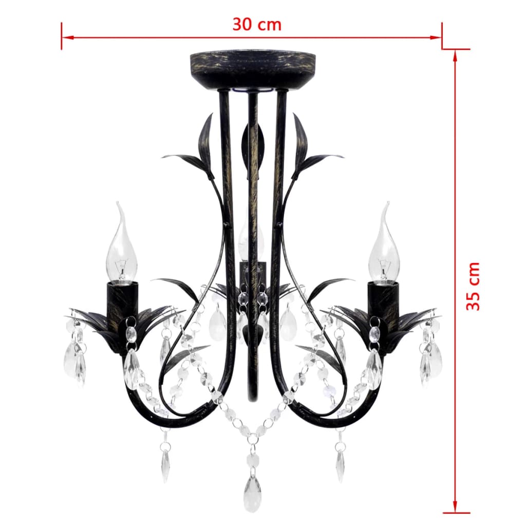 Candelabro metal com contas de cristal, preto, 3 x e14 lâmpadas