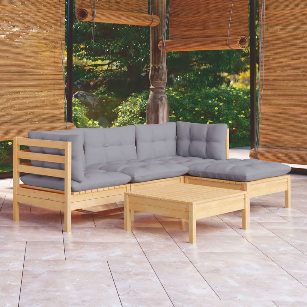 5 Pcs conjunto lounge de jardim c/ almofadões cinza pinho