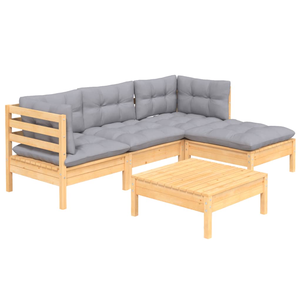 5 Pcs conjunto lounge de jardim c/ almofadões cinza pinho