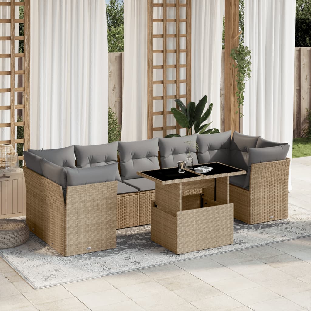 8 Pcs conjunto de sofás p/ jardim com almofadões vime PE bege