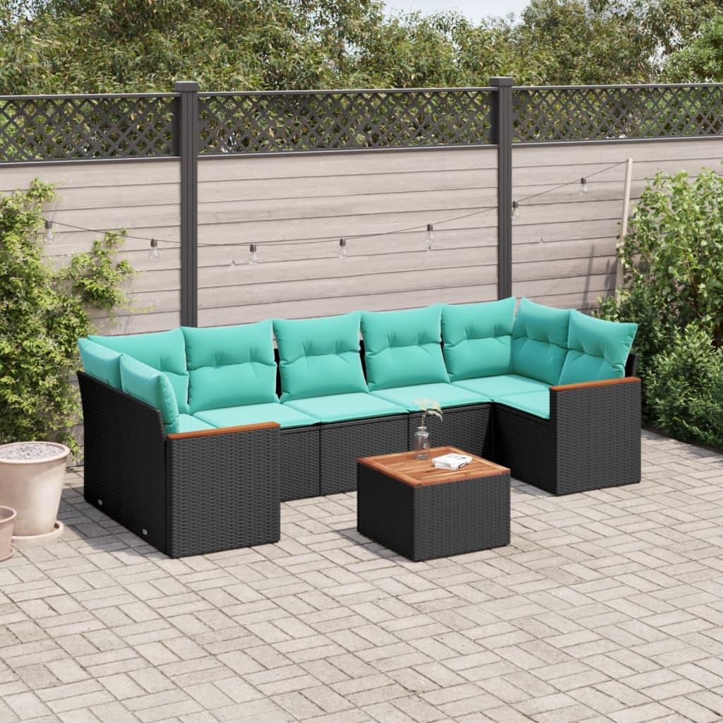 Conjunto de sofá de jardim com 8 peças e almofadas em rattan sintético preto
