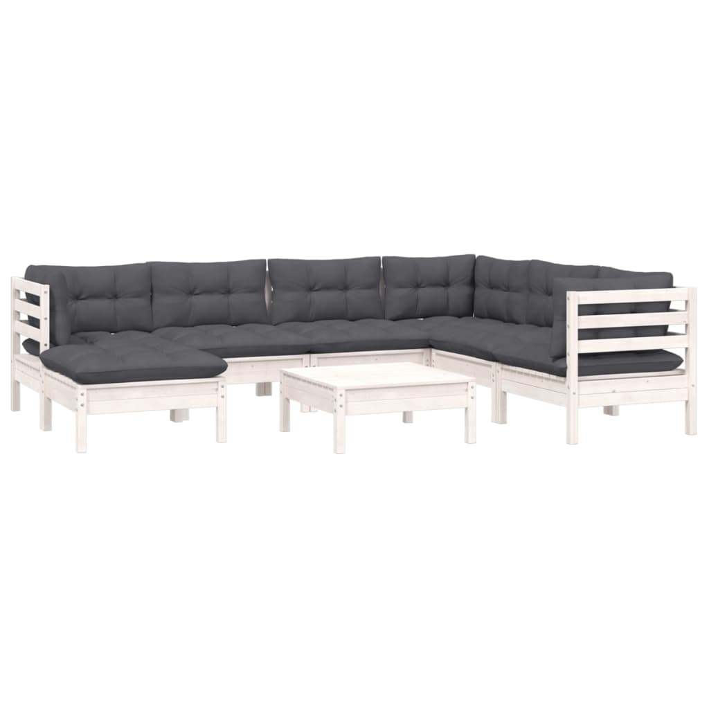 8 Pcs conj. lounge de jardim c/ almofadões pinho maciço branco