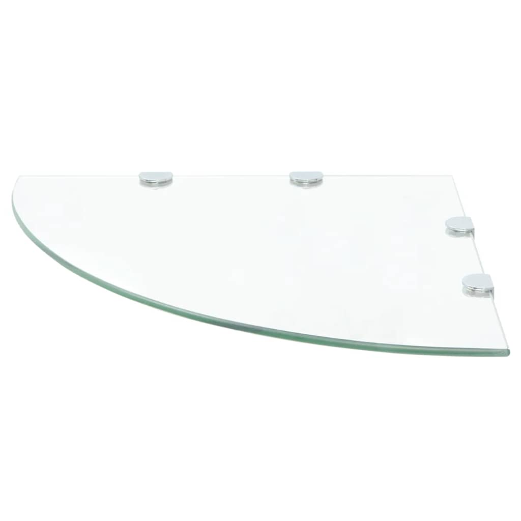 Prateleira canto, suportes cromados, vidro transparente 45x45cm