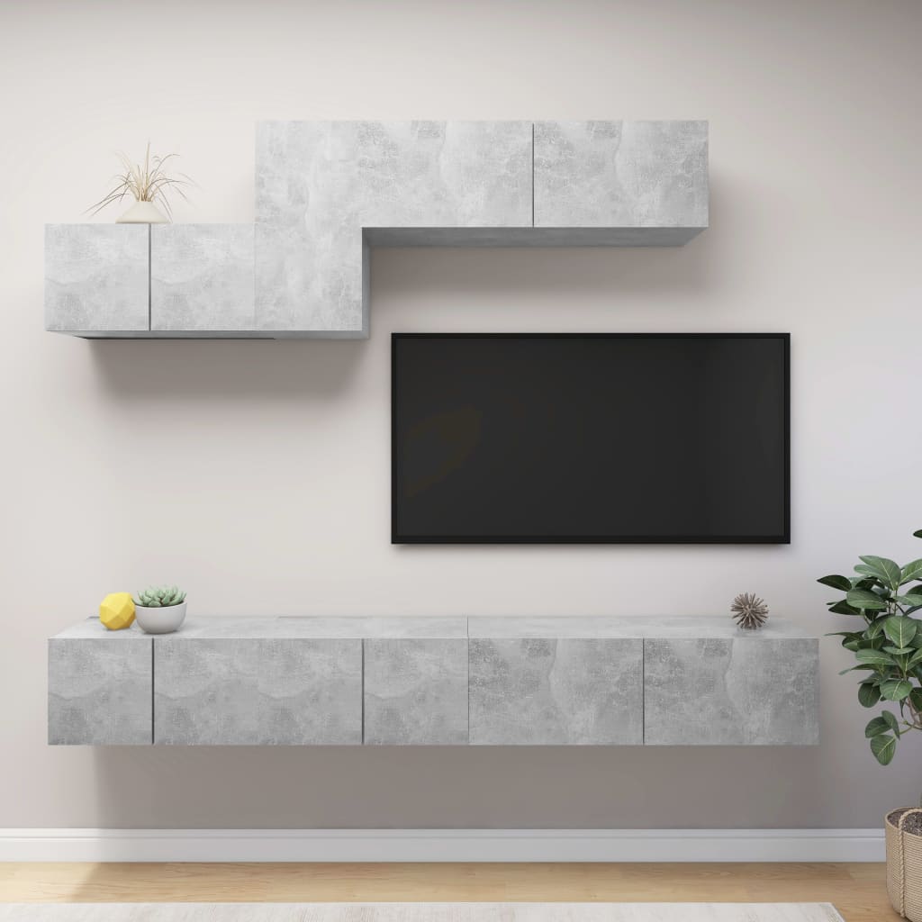 6 Pcs conjunto de móveis de TV derivados madeira cinza cimento