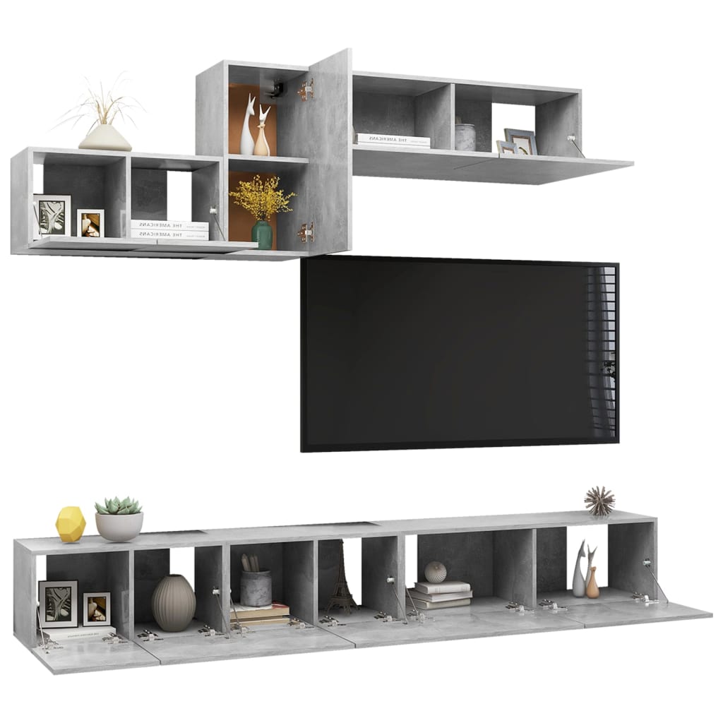 6 Pcs conjunto de móveis de TV derivados madeira cinza cimento