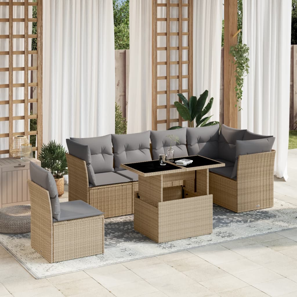7 Pcs conjunto de sofás p/ jardim com almofadões vime PE bege