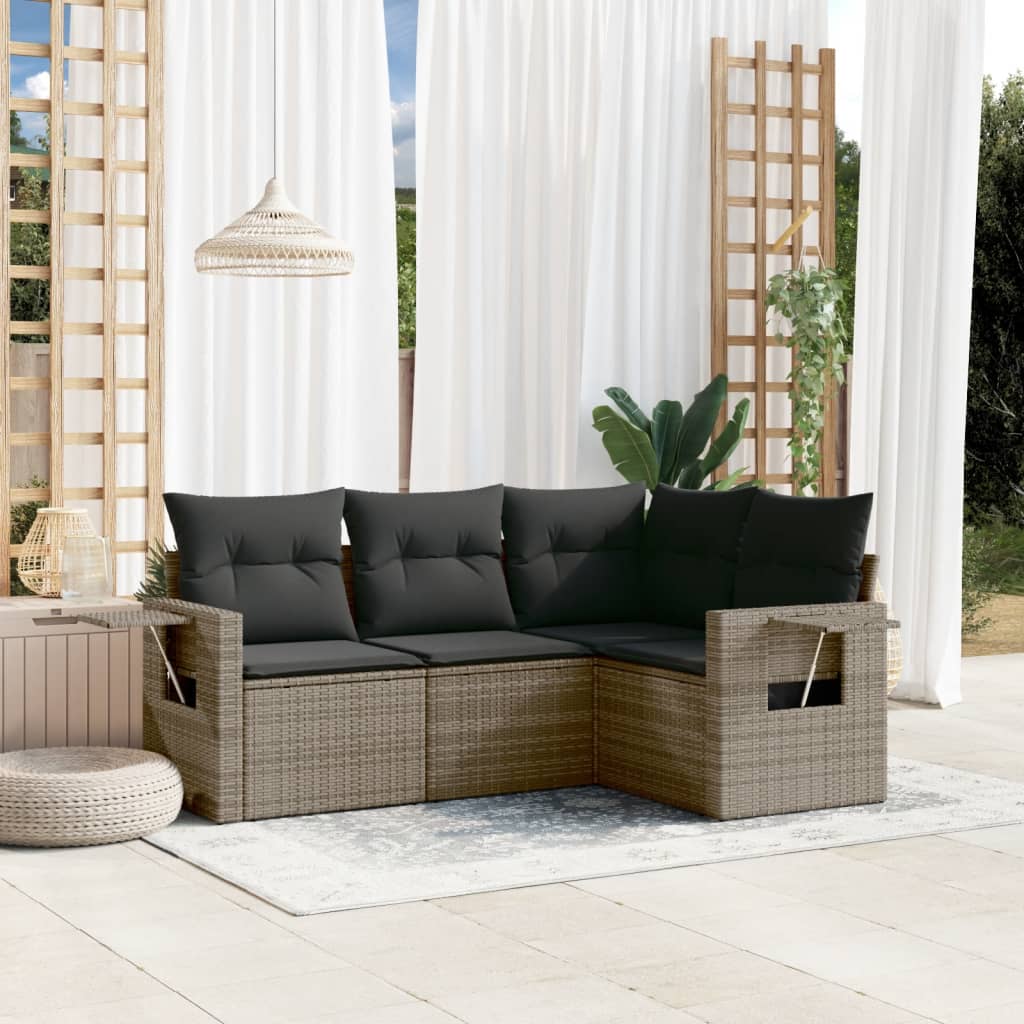 4 Pcs conjunto sofás de jardim c/ almofadões vime PE cinzento