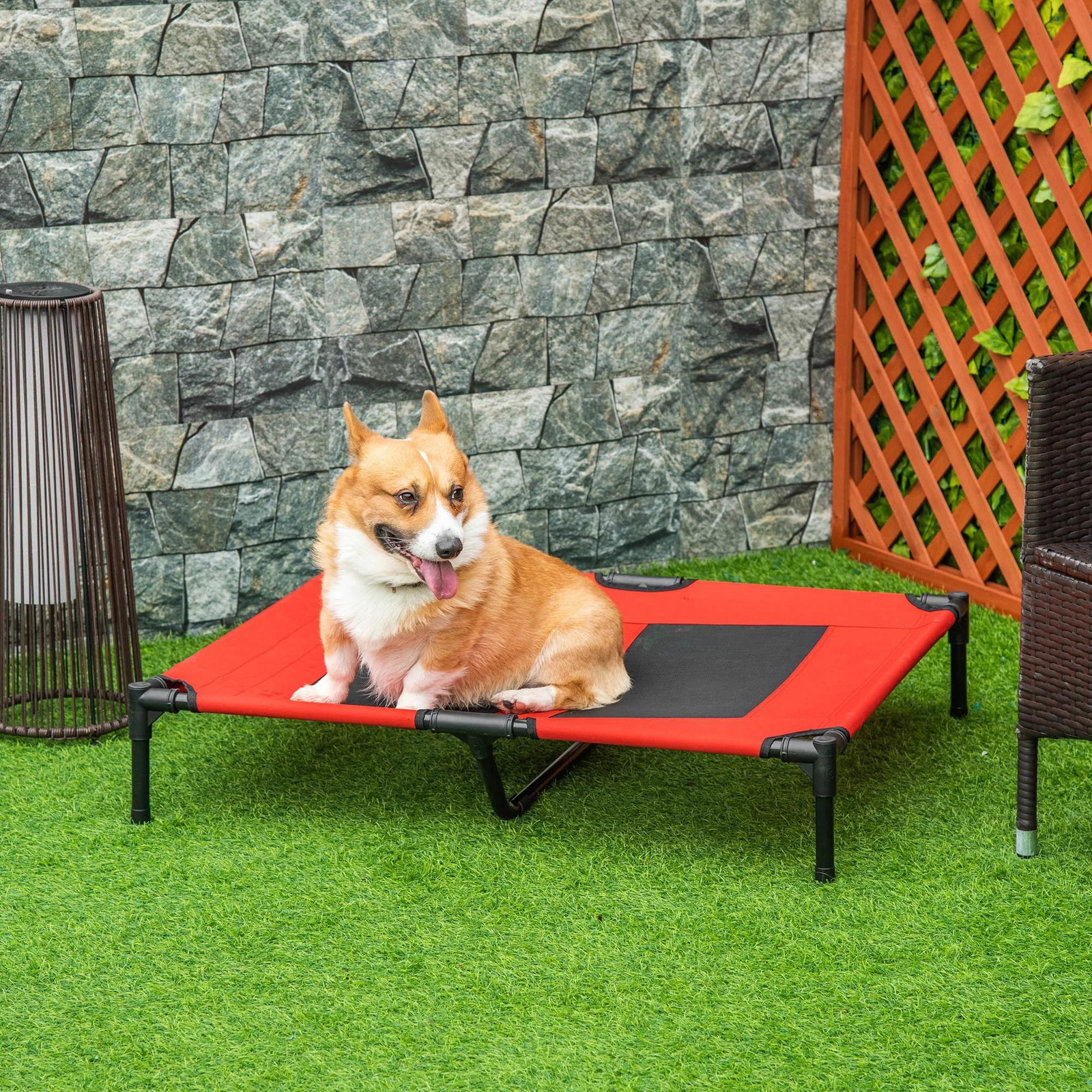 Cama elevada para cães cama de animais de estimação com malha transpirável e tecido oxford para exterior interior ar livre jardim terraço 91,5x76,2x18cm vermelho