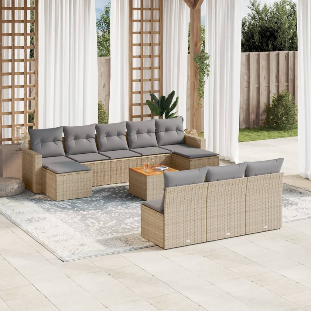 11 Pcs conjunto sofás de jardim c/ almofadões vime PE bege