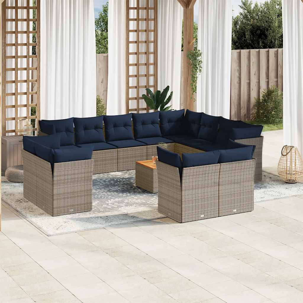 13 Pcs conjunto sofás p/ jardim c/ almofadões vime PE cinzento